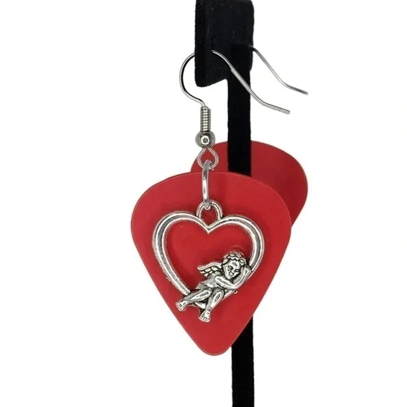 HAND Crafted Drop Earrings  Recycled Guitar Pick Cherub Sleeping in Heart New - Picture 3 of 8